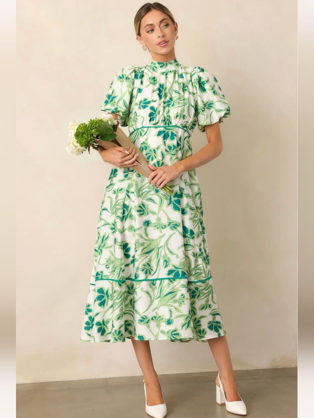 Entro Blooming Season Green Floral Puff Sleeve Midi Dress L Large Back Bow Tie